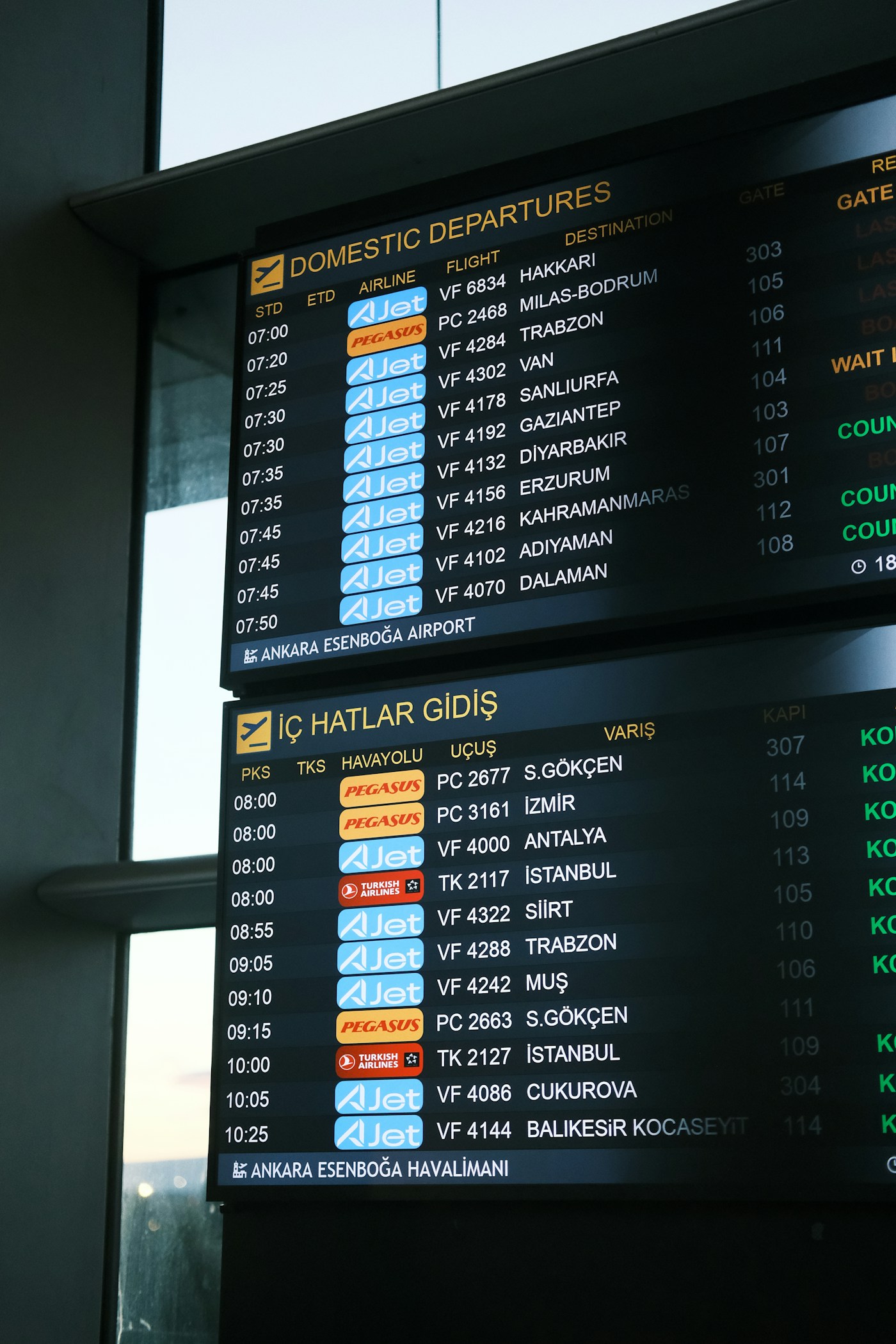 Directional signs inside an international airport terminal